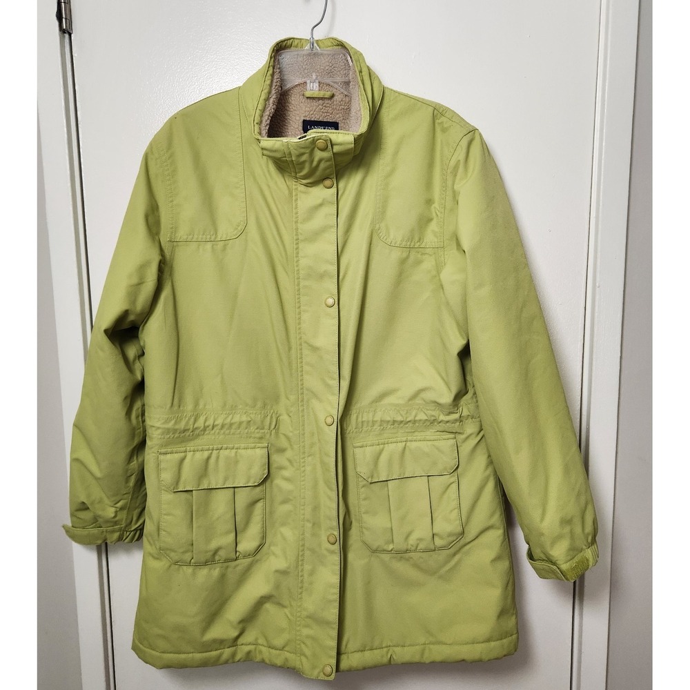 Land's End Jacket Chore‎ Coat Women's Large 14-16 Green Sherpa Lined Zip Up Barn